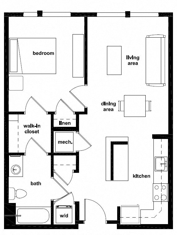 Floor plan for 1 bed, 1 bath, 690 sqft